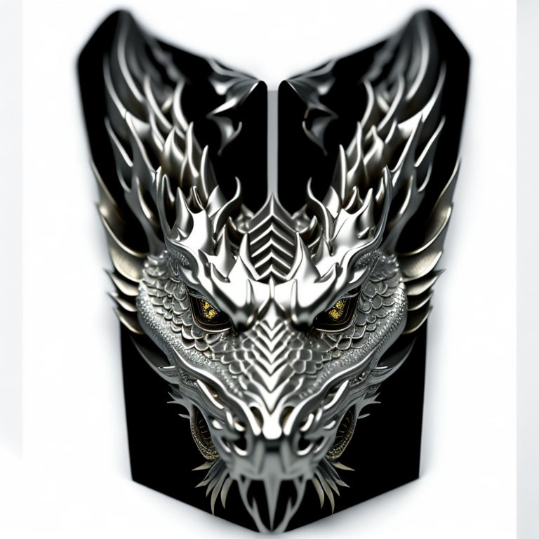 Detailed Metallic Dragon Head with Golden Eyes and Silver Scales on Black Background