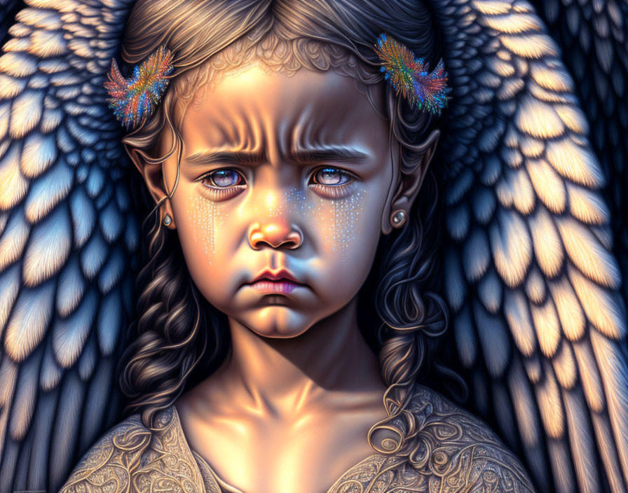 Detailed digital art of young girl with angel wings and teary eyes on textured dark background