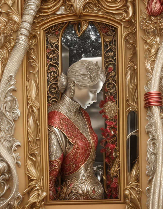 Intricate noble woman portrait in red and gold embroidery, framed against starry backdrop