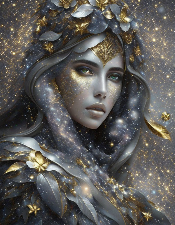 Cosmic-themed digital artwork of a woman with starry cloak and golden leaves.