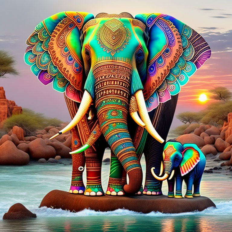 Colorful digital artwork: Decorated elephant in surreal sunset landscape