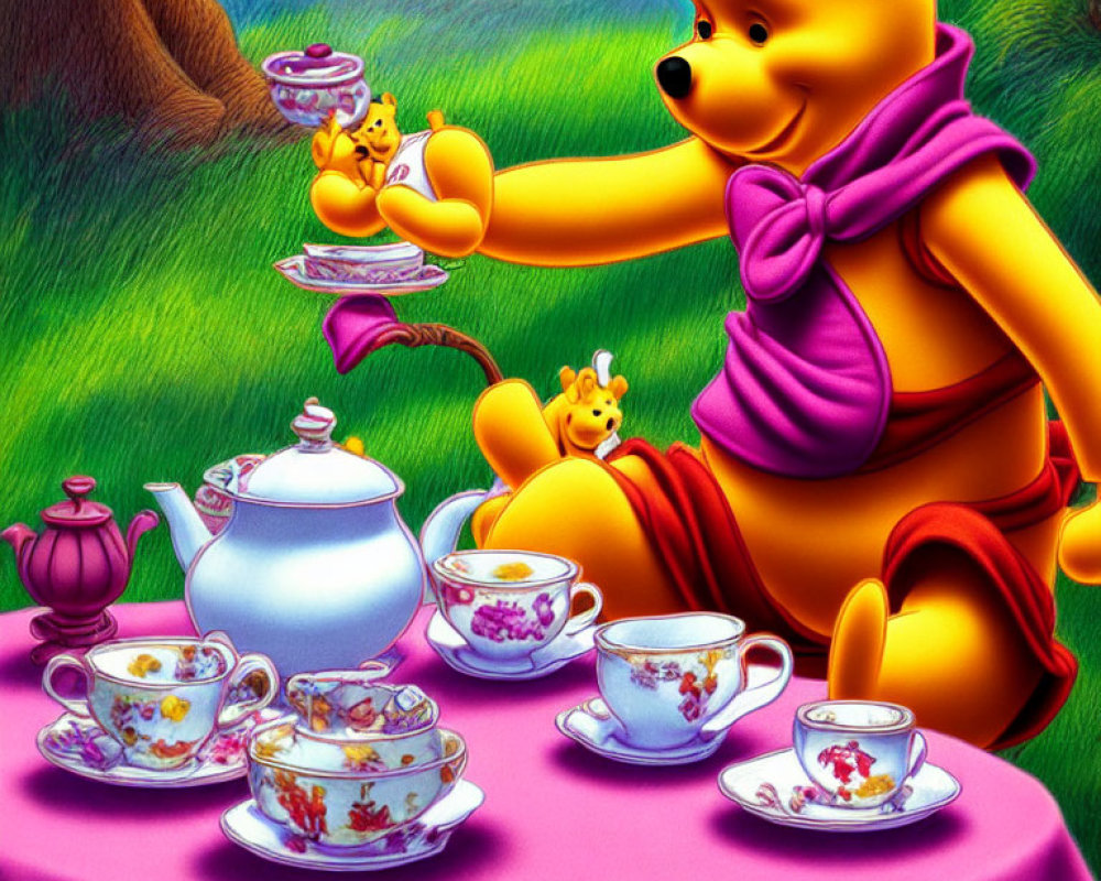 Miniature Winnie the Pooh tea party in vibrant garden.