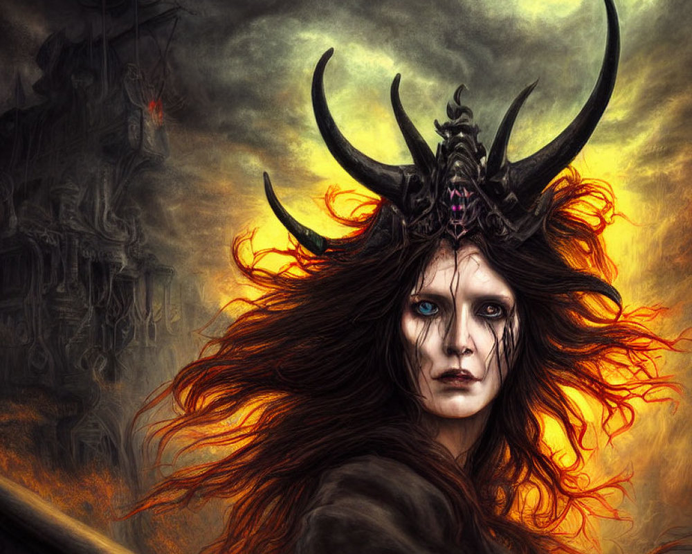 Pale-skinned figure with blue eyes and red hair in dark crown before fortress-like backdrop