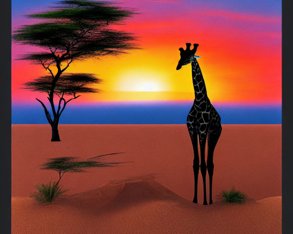 Giraffe in desert sunset with vibrant sky and lone tree