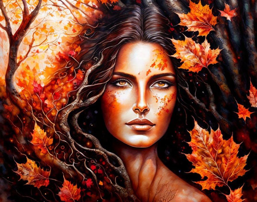 Fantasy Artwork: Woman's Face Merging with Autumn Foliage