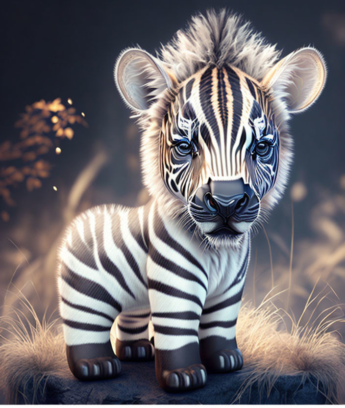 Whimsical creature with lion's body and zebra stripes in mystical ambiance