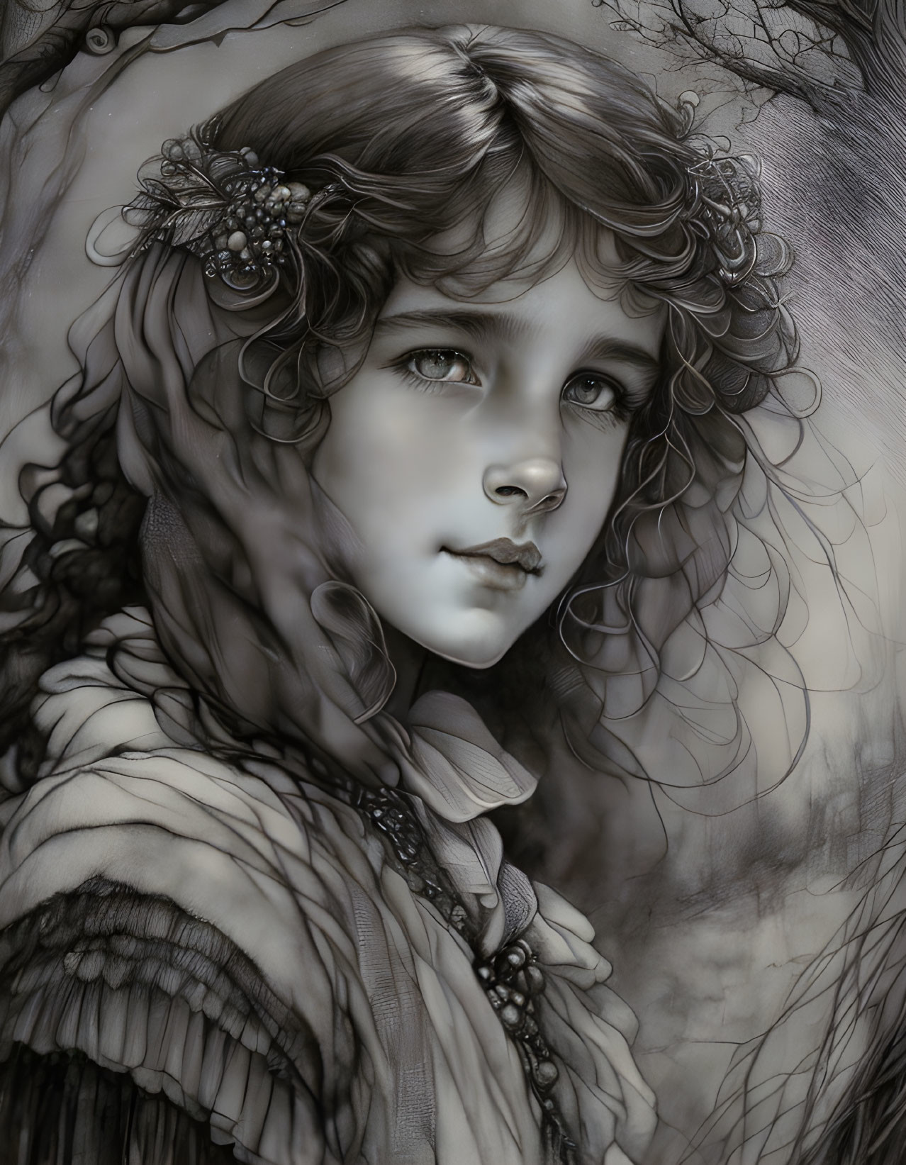 Portrait of young girl with curly hair and floral accessories in muted tones