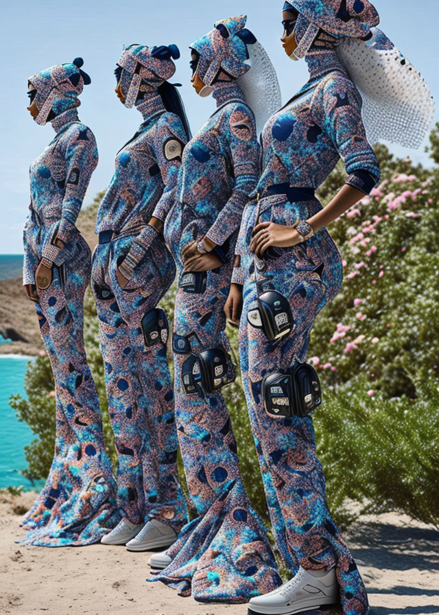 Patterned Bodysuits Trio Poses Against Coastal Background