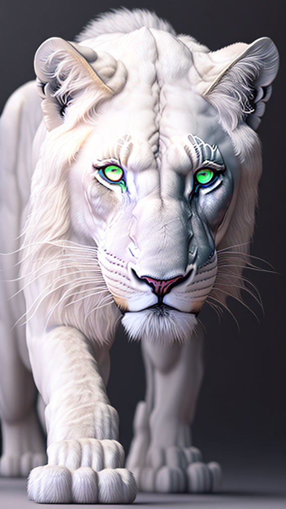 White Lion with Blue-Green Eyes & Purple Fur Staring Forward