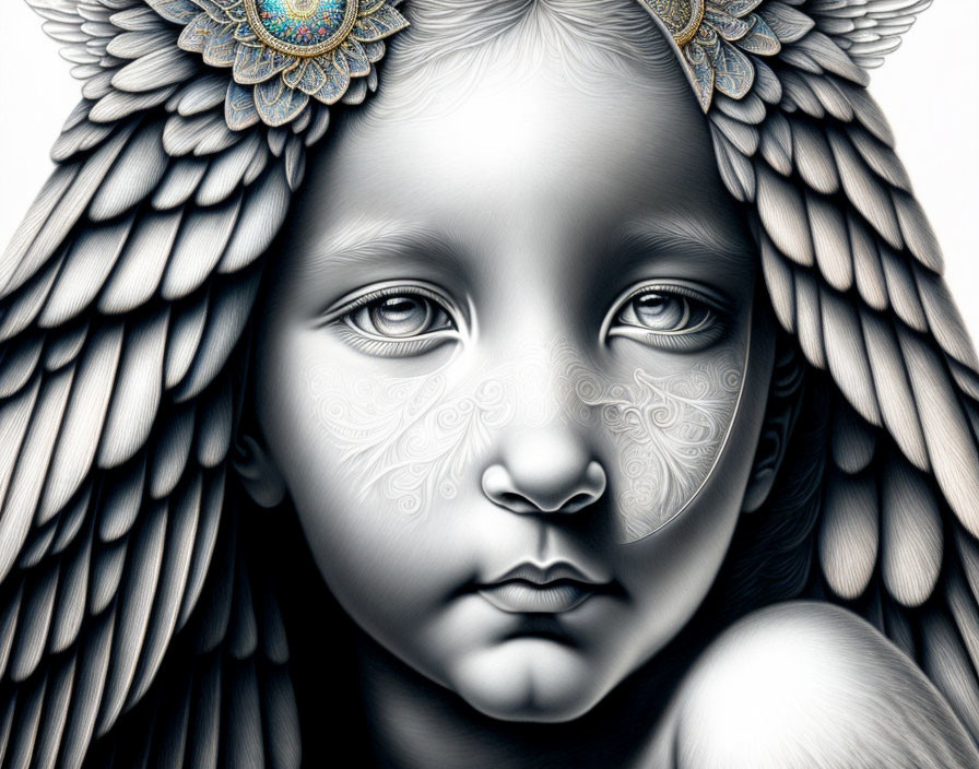 Monochrome digital artwork of a child with angel wings and intricate facial tattoos in blue and gold.