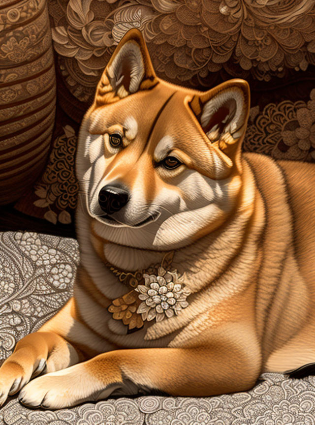 Shiba Inu dog with floral necklace in front of patterned vases and textured backdrop