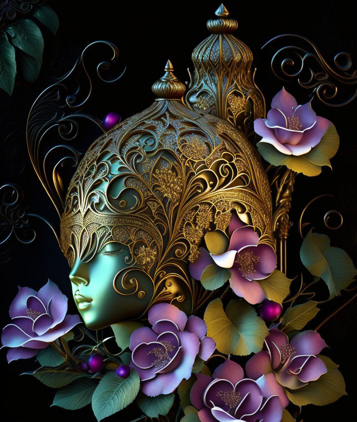 Surreal image: face with metallic headpiece and floral patterns