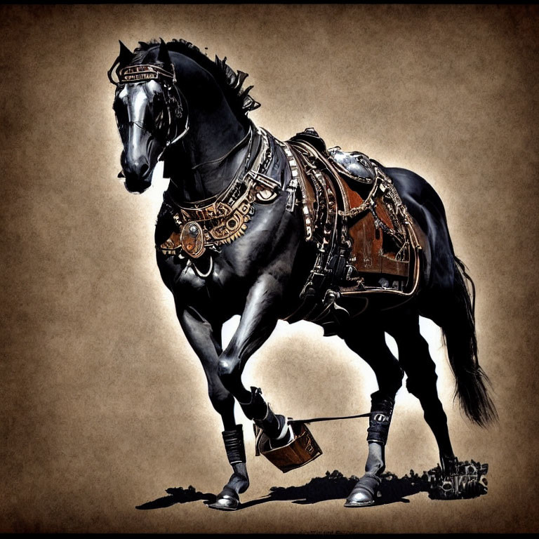 Black horse with ornate tack and shiny hooves on sepia background