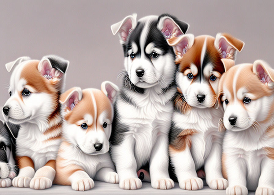 Five Husky Puppies Showcasing Various Coat Colors