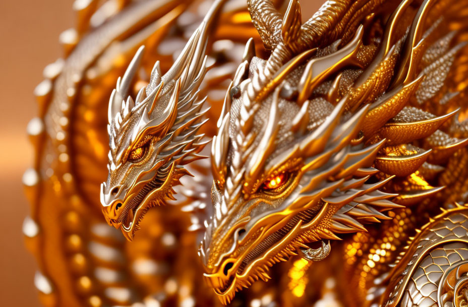 Intricately designed golden dragons with detailed scales on warm background