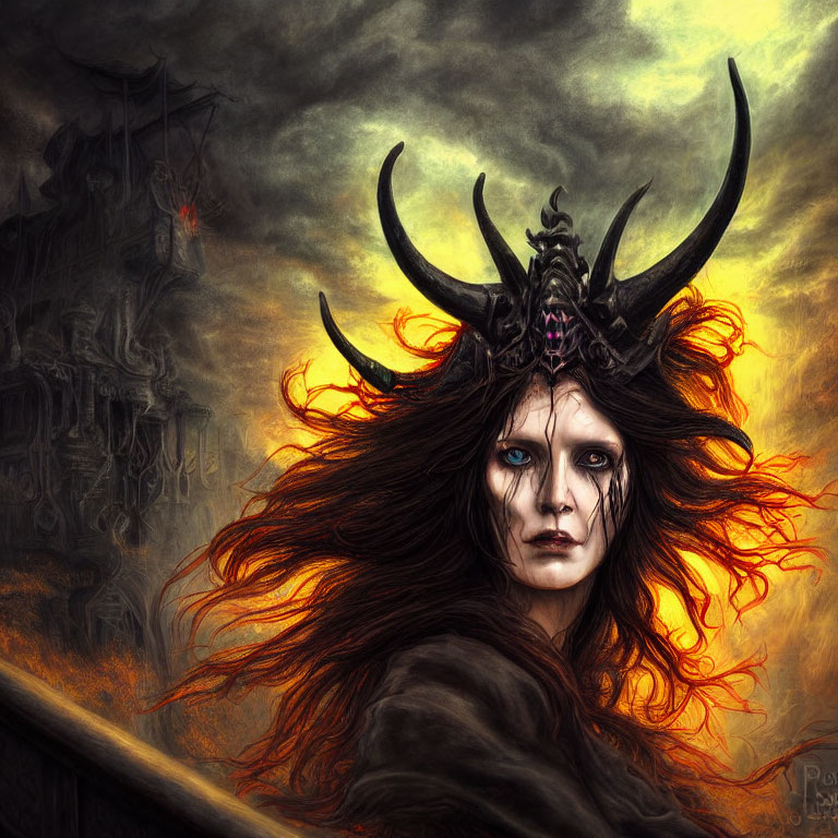 Pale-skinned figure with blue eyes and red hair in dark crown before fortress-like backdrop