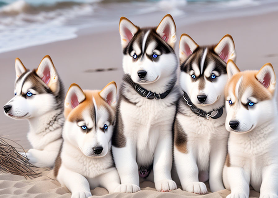 Four Siberian Husky Puppies with Blue Eyes on Sandy Beach