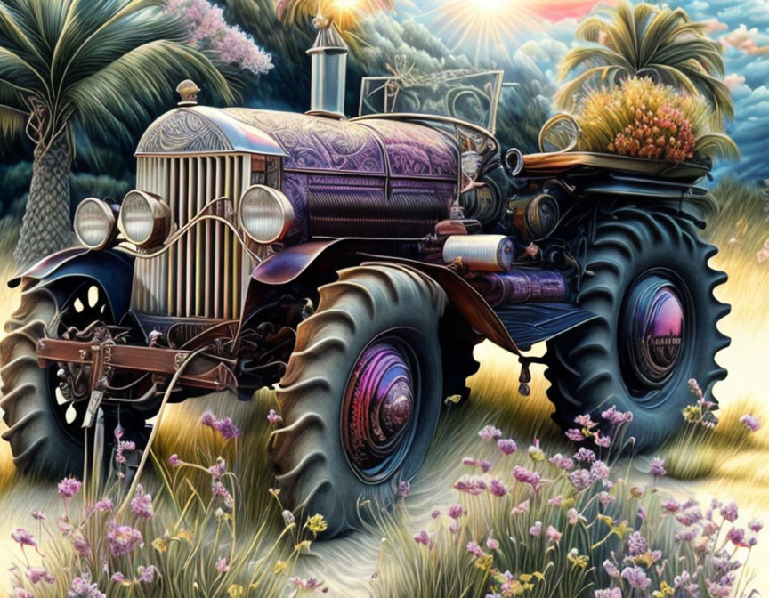 Detailed vintage tractor illustration in lush floral landscape