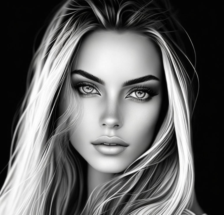 Monochromatic digital portrait of a woman with striking eyes, full lips, and flowing hair