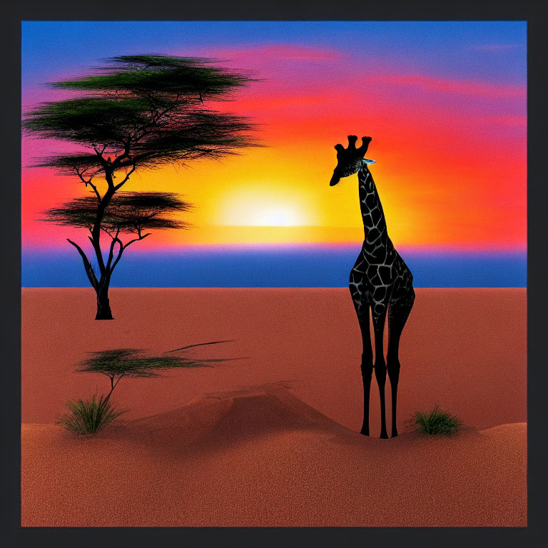 Giraffe in desert sunset with vibrant sky and lone tree