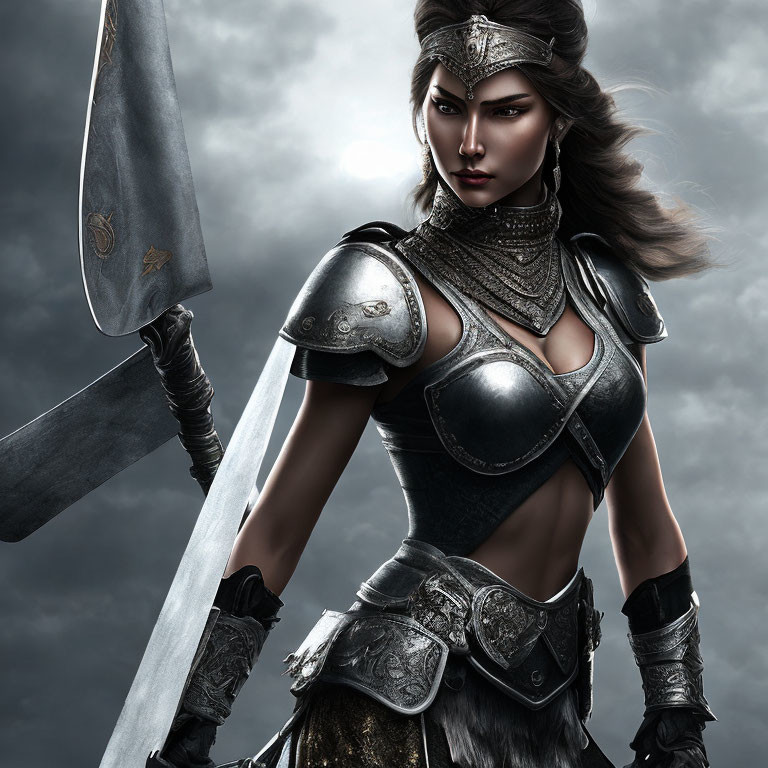 Detailed Armor Warrior Woman with Large Sword in Stormy Sky