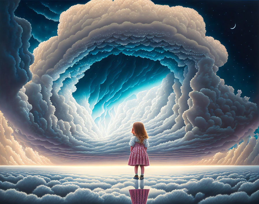 Young girl mesmerized by swirling cloud vortex and lightning bolt under night sky.