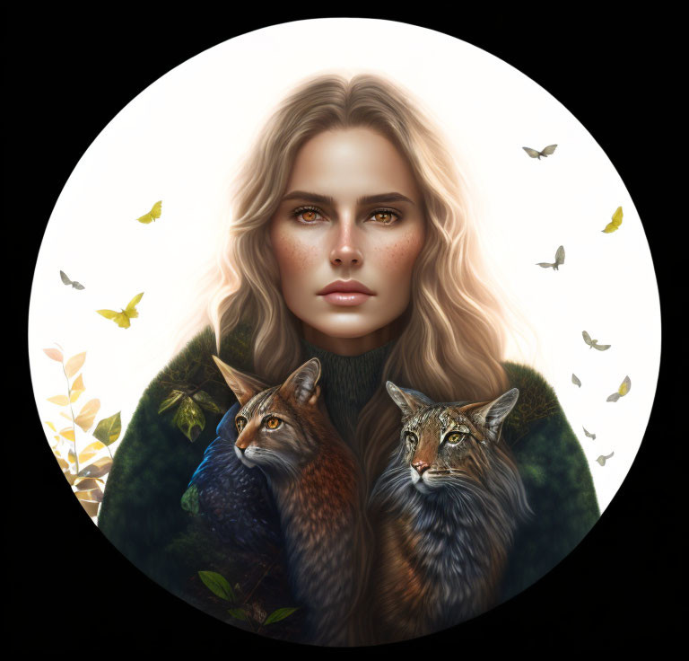 Portrait of Woman with Blond Hair, Lynxes, Butterflies, and Foliage