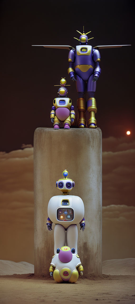 Three descending futuristic robots on tall pillar with sun or planet on horizon in hazy sky