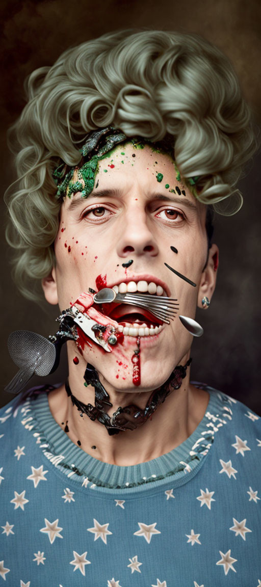 Surreal portrait featuring person with grey wig, paint splatters, open mouth, and approaching spoon