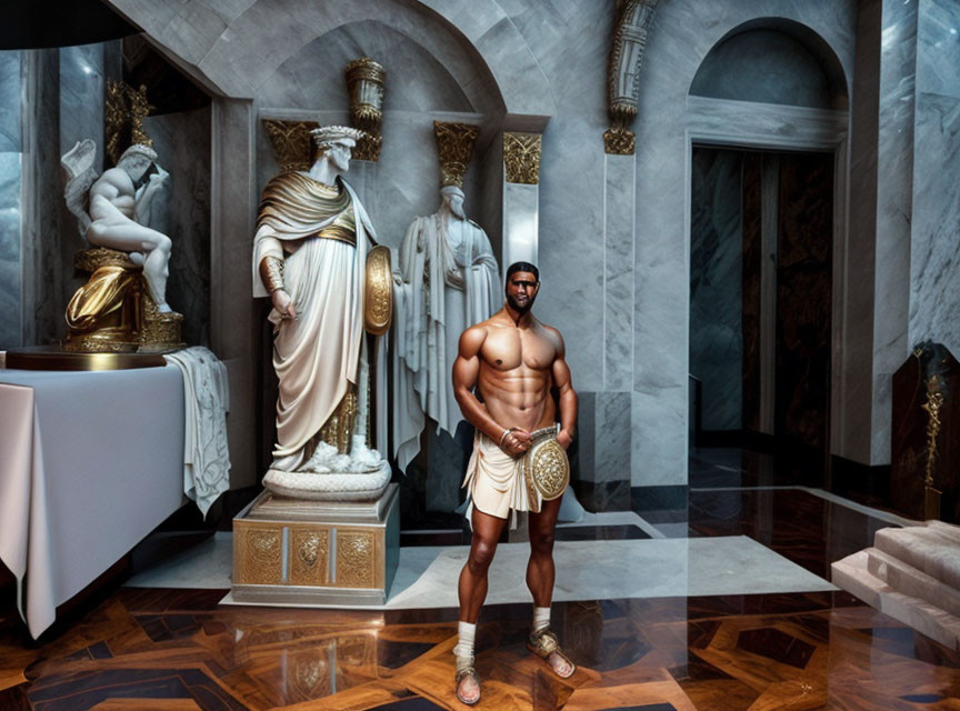 Muscular Gladiator in Luxurious Room with Classical Statues