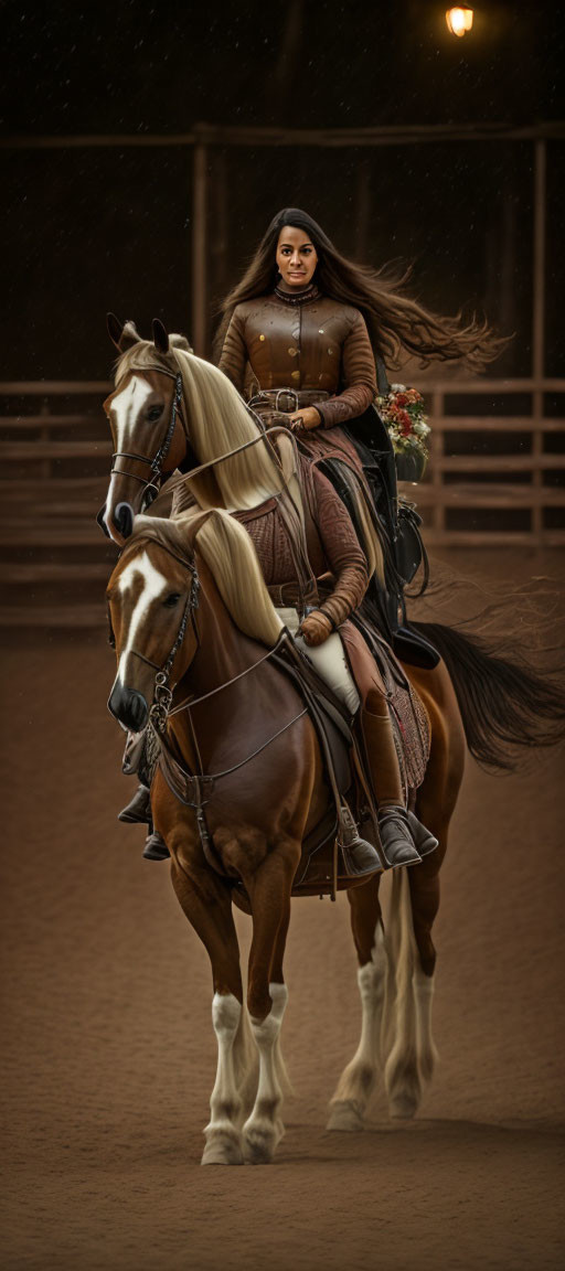 Equestrian woman in brown attire rides chestnut horse in arena with flowing manes.