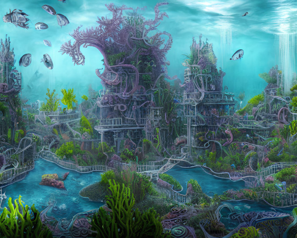 Underwater fantasy scene with coral buildings, diverse fish, and light rays