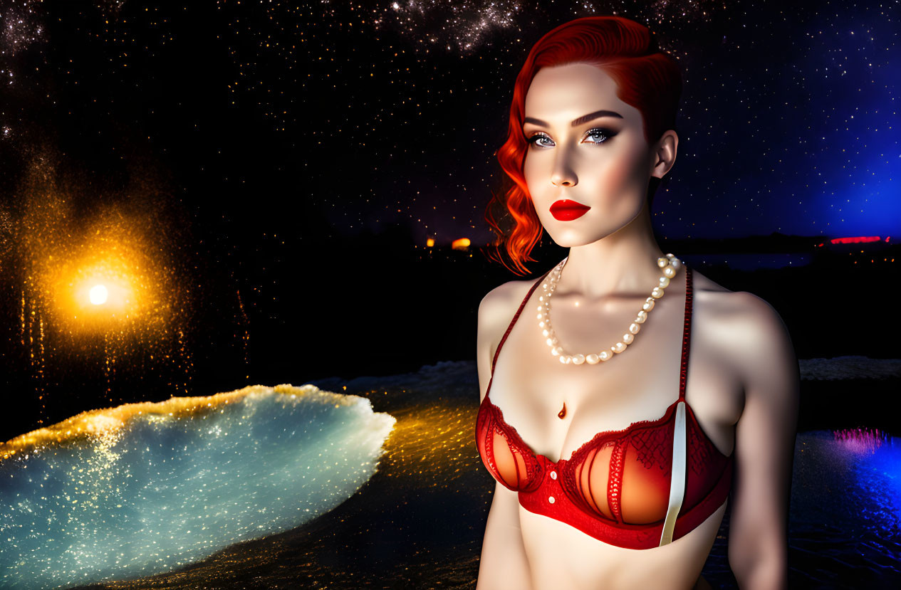 Red-haired woman in lingerie on beach at night with glowing wave - Digital art