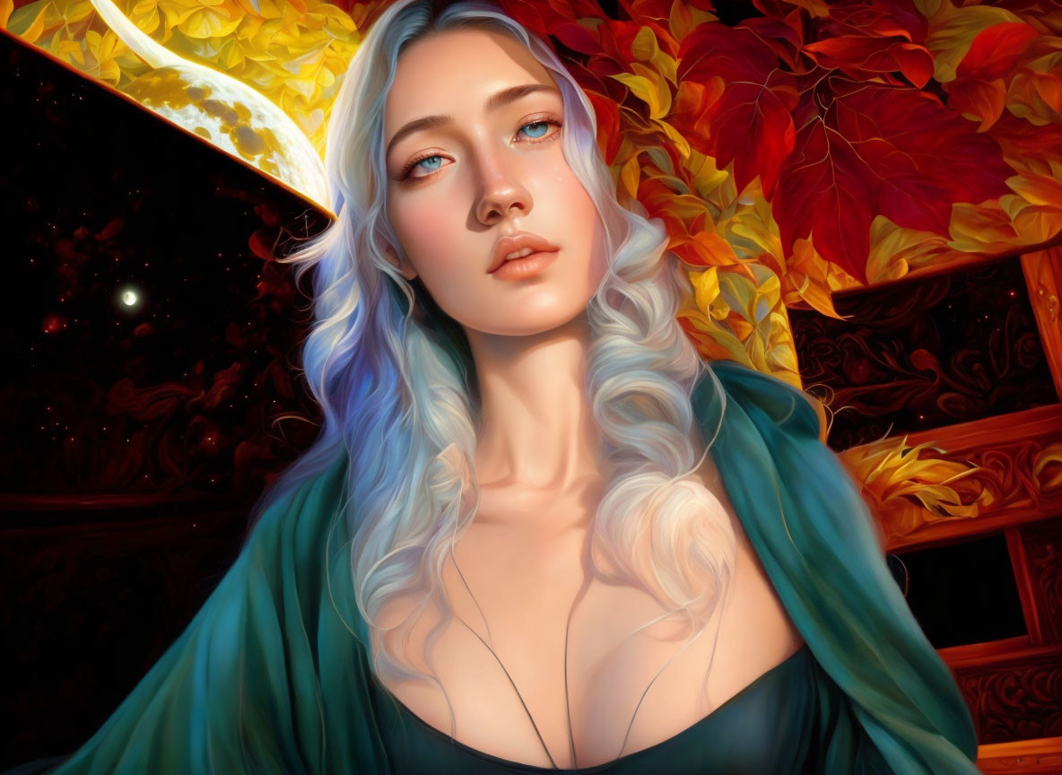 Digital illustration of woman with blue wavy hair and eyes, teal cloak, autumn leaves, starry