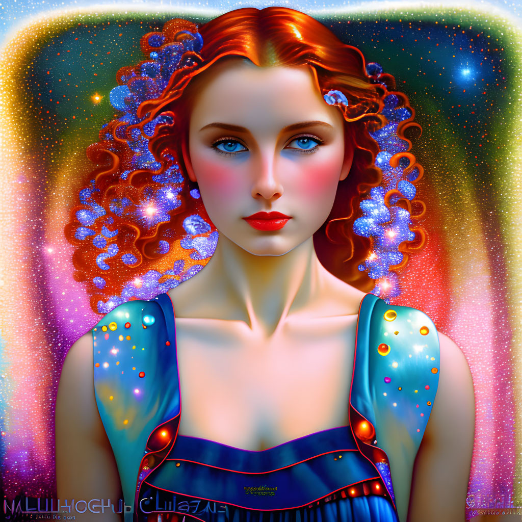 Digital portrait of woman with red hair and blue eyes in cosmic setting