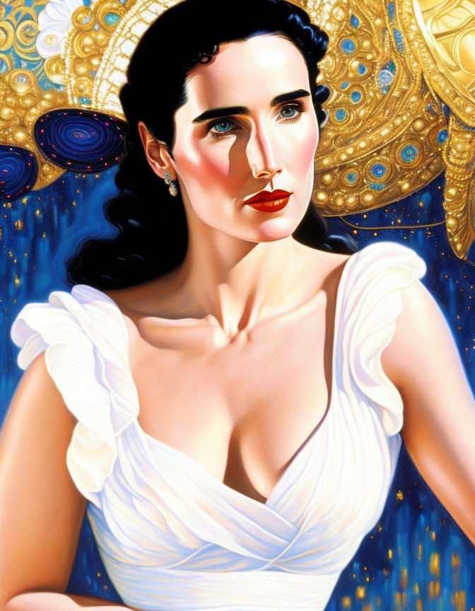 Dark-haired woman in white dress with red lipstick on stylized golden background