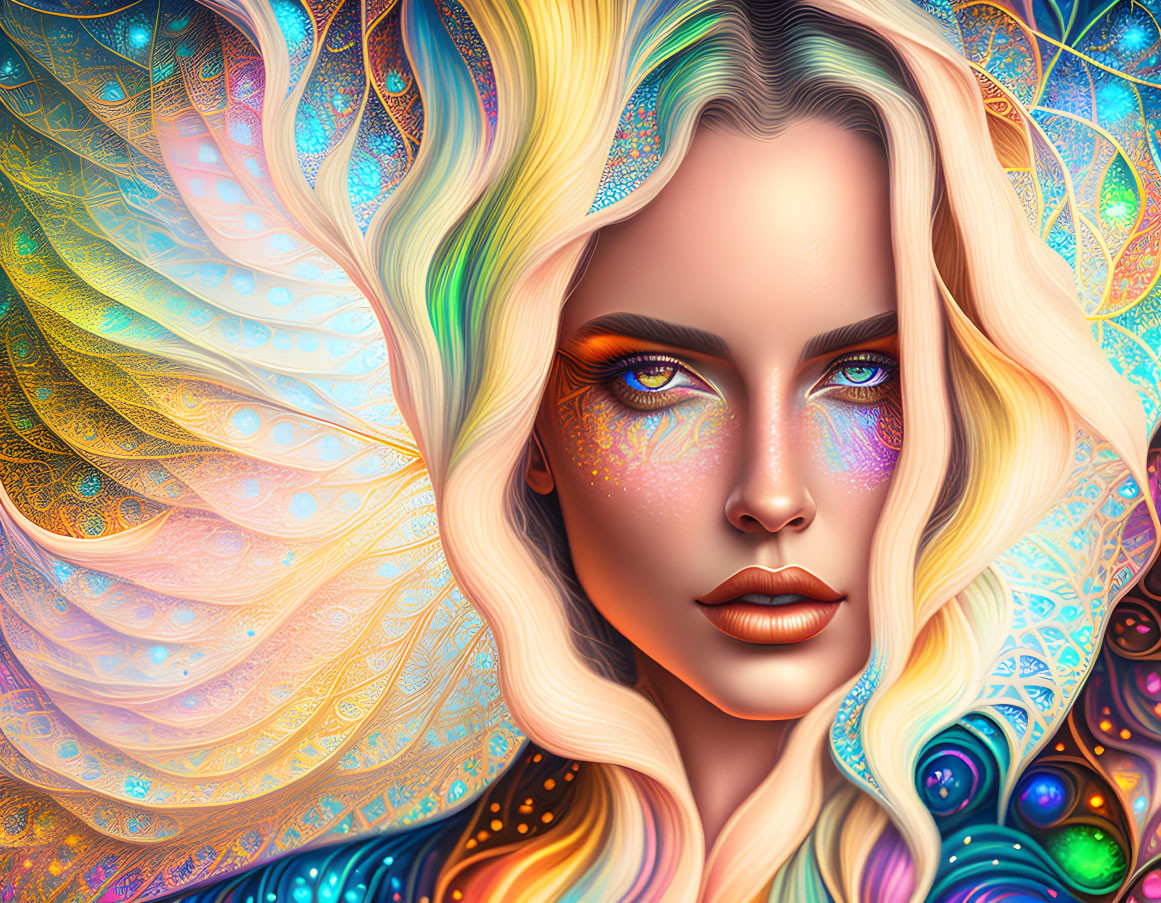 Vibrant woman with multicolored makeup and psychedelic patterns.