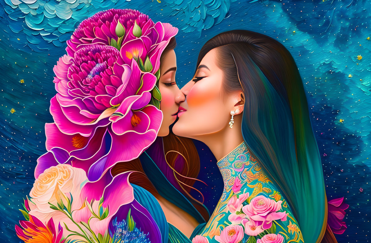 Vibrant woman kissing flower in starry sky scene