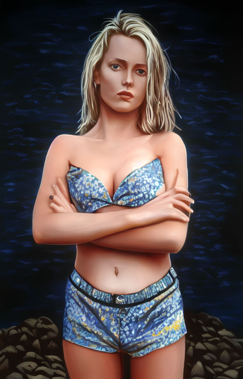 Blonde woman in blue bikini with crossed arms on dark blue background