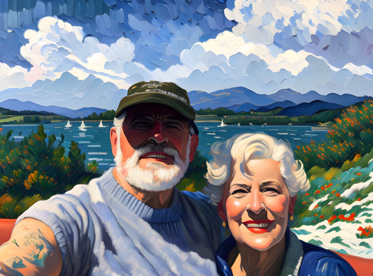 Elderly couple selfie with scenic lake view