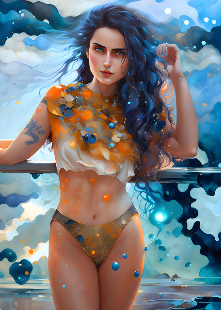 Digital artwork: Woman with flowing blue hair in embellished outfit, against cloud and water backdrop