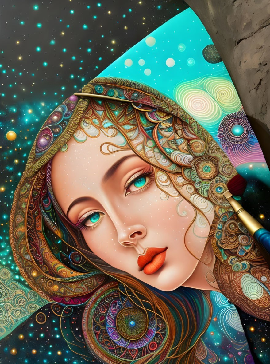 Detailed illustration of woman with ornate hair patterns against cosmic background