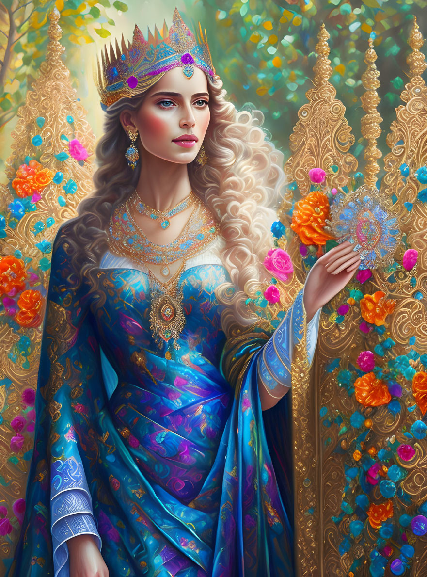 Blonde Woman in Blue Gown and Gold Crown by Floral Golden Gate