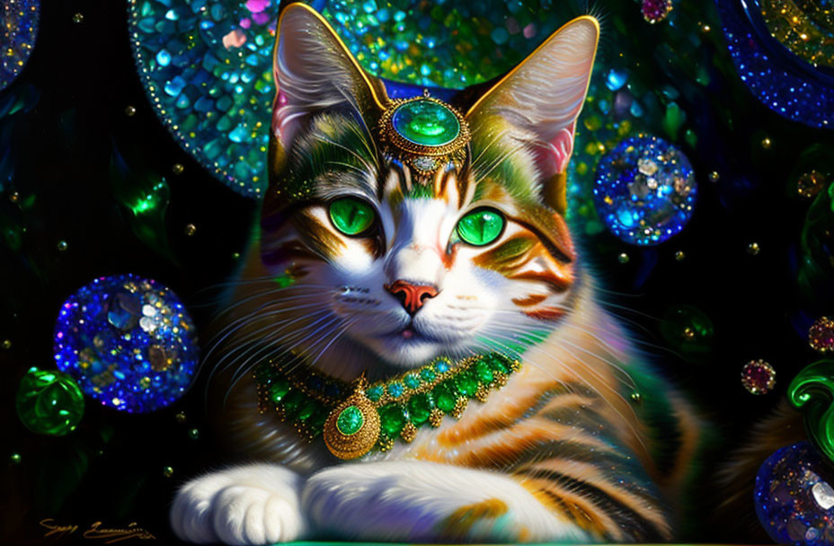 Majestic cat with emerald jewelry on glittering backdrop