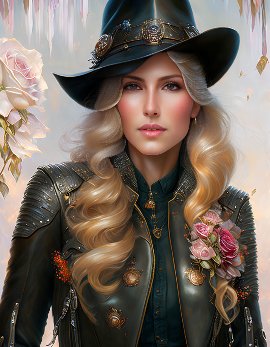 Blonde woman in detailed jacket and hat on floral backdrop