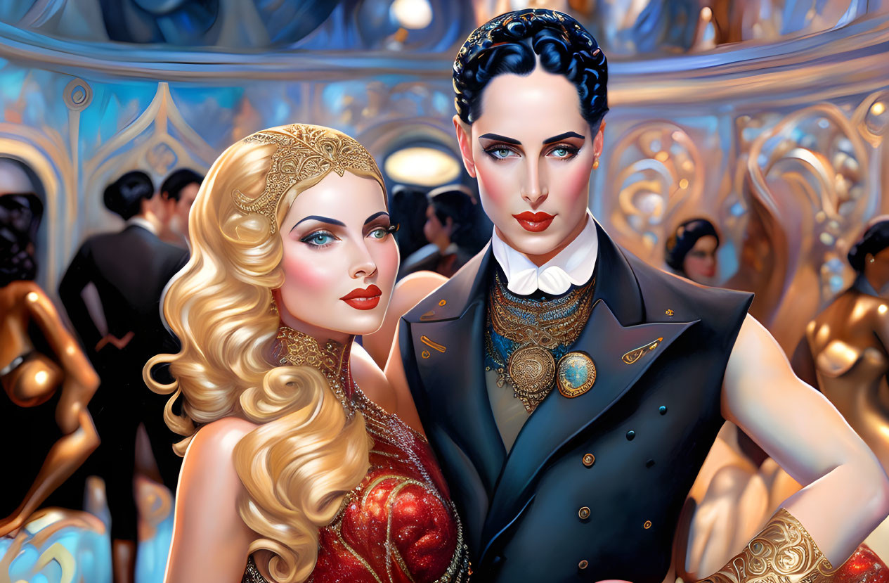 Illustration of elegant characters in red dress and dark suit against ornate background.