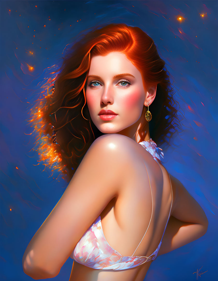 Red-haired woman with blue eyes in digital portrait on deep blue background