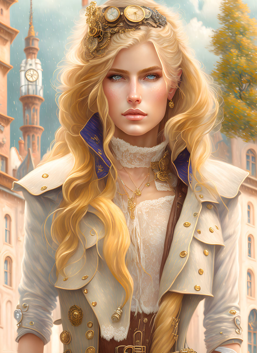 Digital artwork features woman with blonde hair and clock tower in background