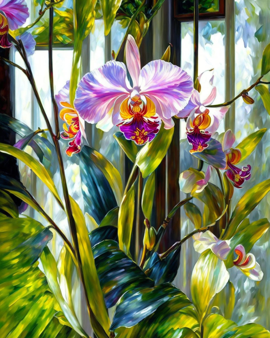 Colorful Orchids and Green Leaves in Natural Light Setting