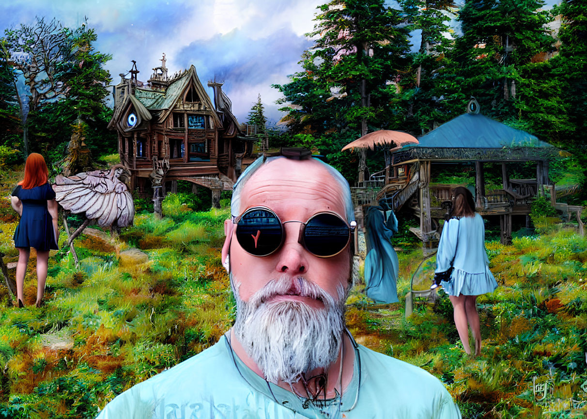 Man with sunglasses, two women, tiger sculpture, whimsical house, and gazebo in enchanted forest